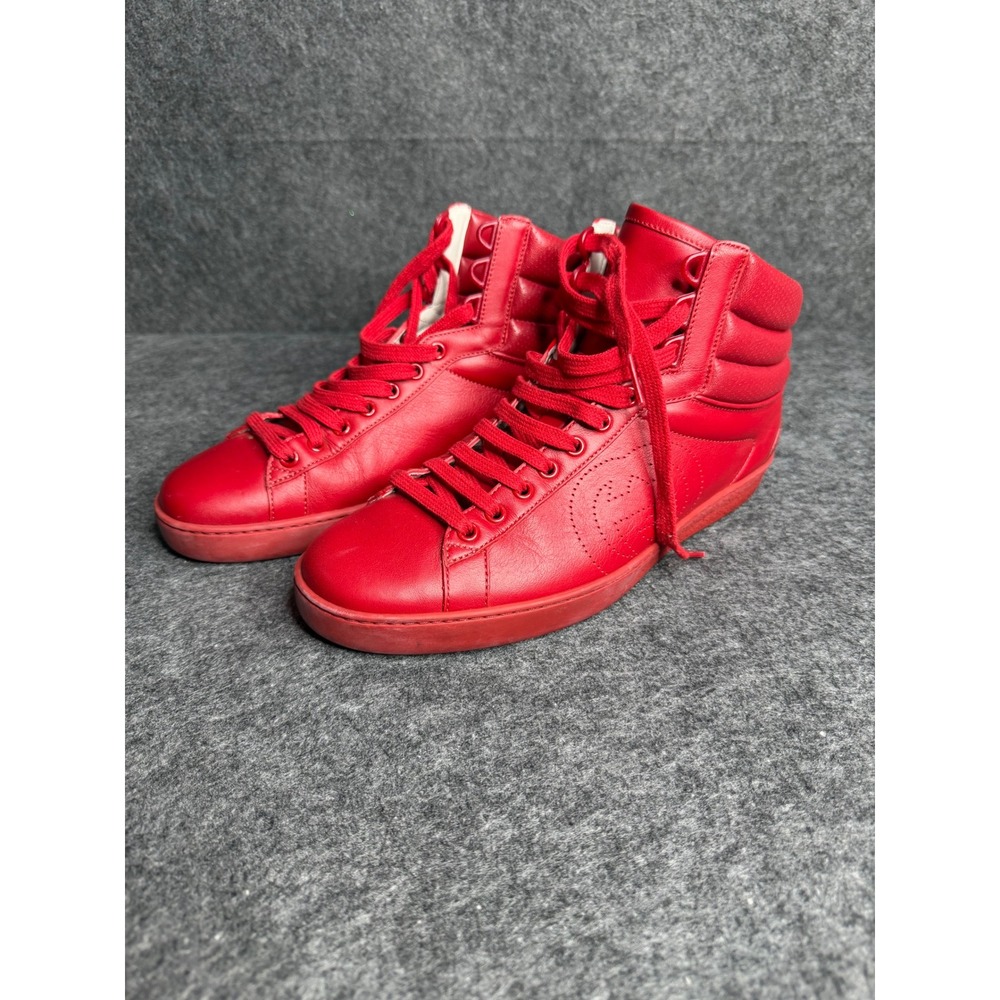 Gucci Ace High Top Red Leather Sneakers Interlocking G Logo 625672 Mens 7 US 8